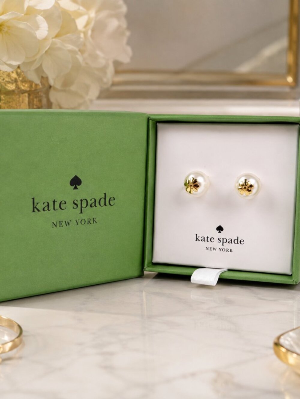 Kate Spade Pearl Clover Stud Earrings Gold Tone Gift Box NWT